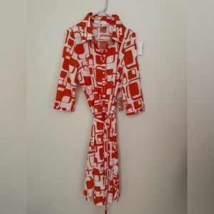 Ashly & Sage Geometric orange and White Shirt Dress with buttons and tie wrap